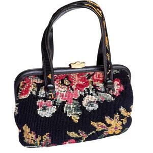 JR Floral Tapestry Handbag Carpet Bag Flower Purse USA 11x7 Metal Frame Vintage